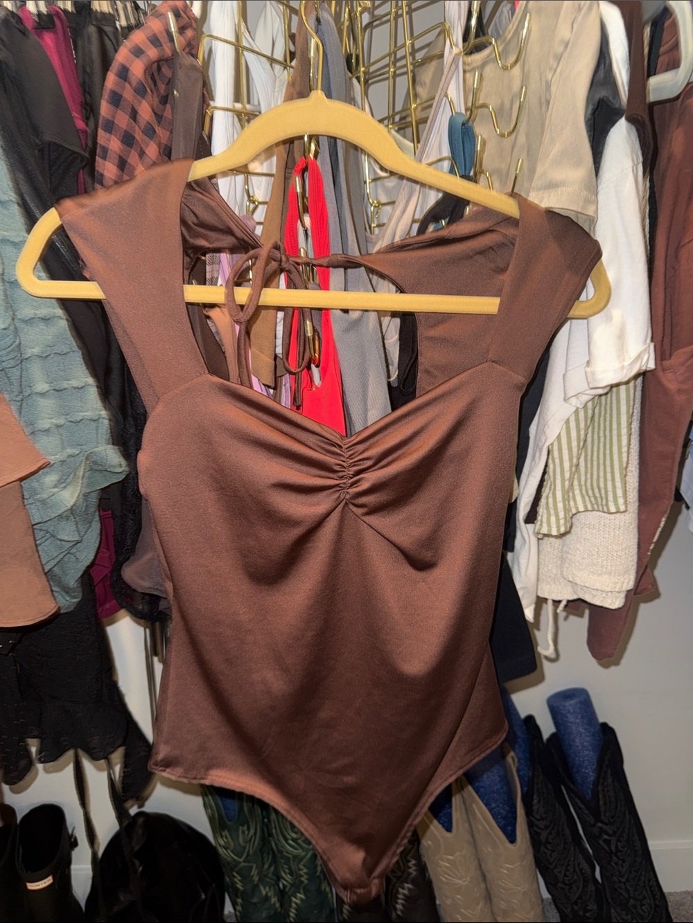Brown Women's Ruched V-Neck Bodysuit